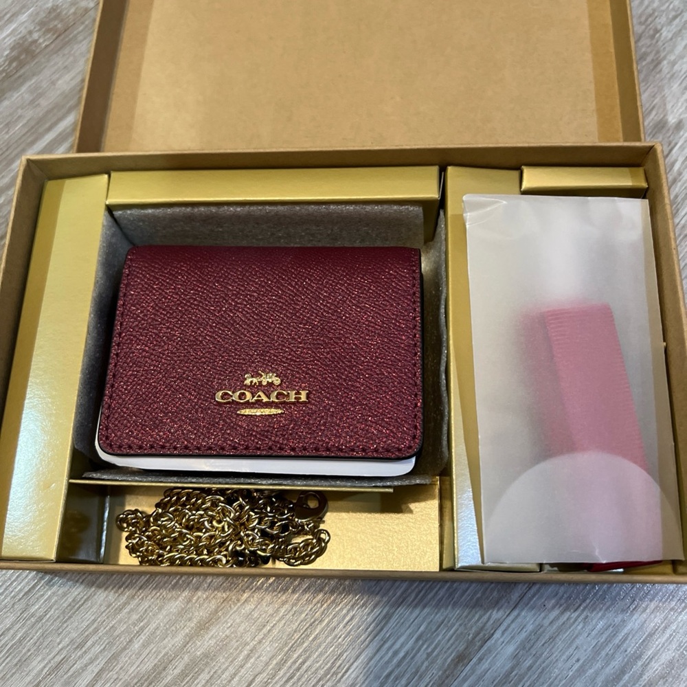NWT Coach Burgundy Wallet with Gold Chain with box